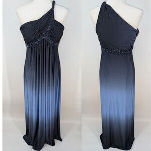 Adrianna Papell Boutique Navy Blue Ombre Beaded One-Shoulder Column Gown 10 NWT